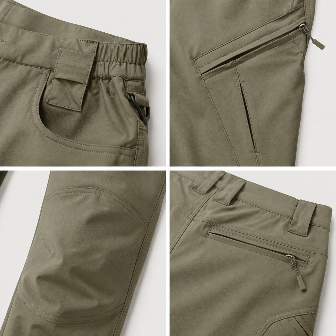 Army Green fleece-lined hiking pants waist, pocket, knee and rear pocket details